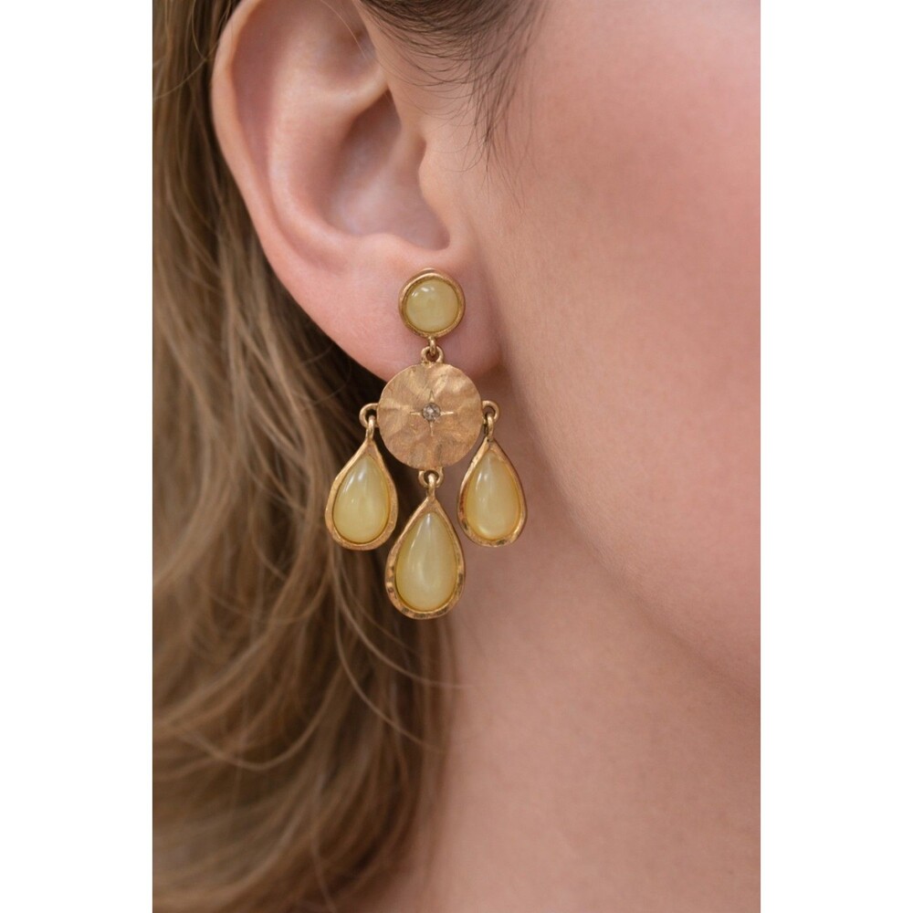 Gold Tone Yellow Teardrop Dangle Earrings Vintage Style Statement